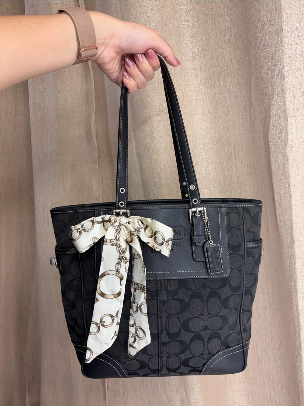Coach Black Signature Canvas Tote with Cream Chain-Print Scarf